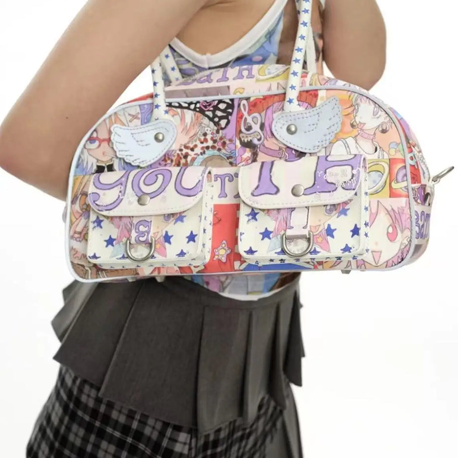 Y2K Youth Manga Print Boston Bag with Star Handles