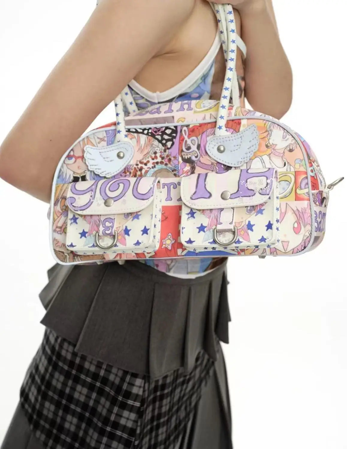 Y2K Youth Manga Print Boston Bag with Star Handles