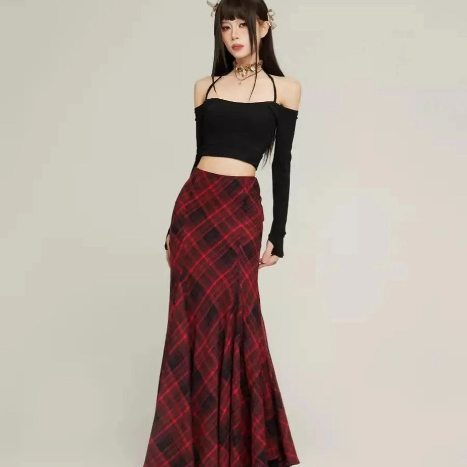 Red Plaid Mermaid Maxi Skirt