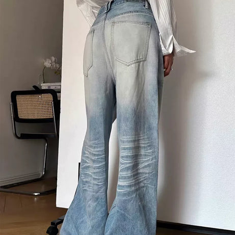 Distressed Light-Wash Wide-Leg Jeans