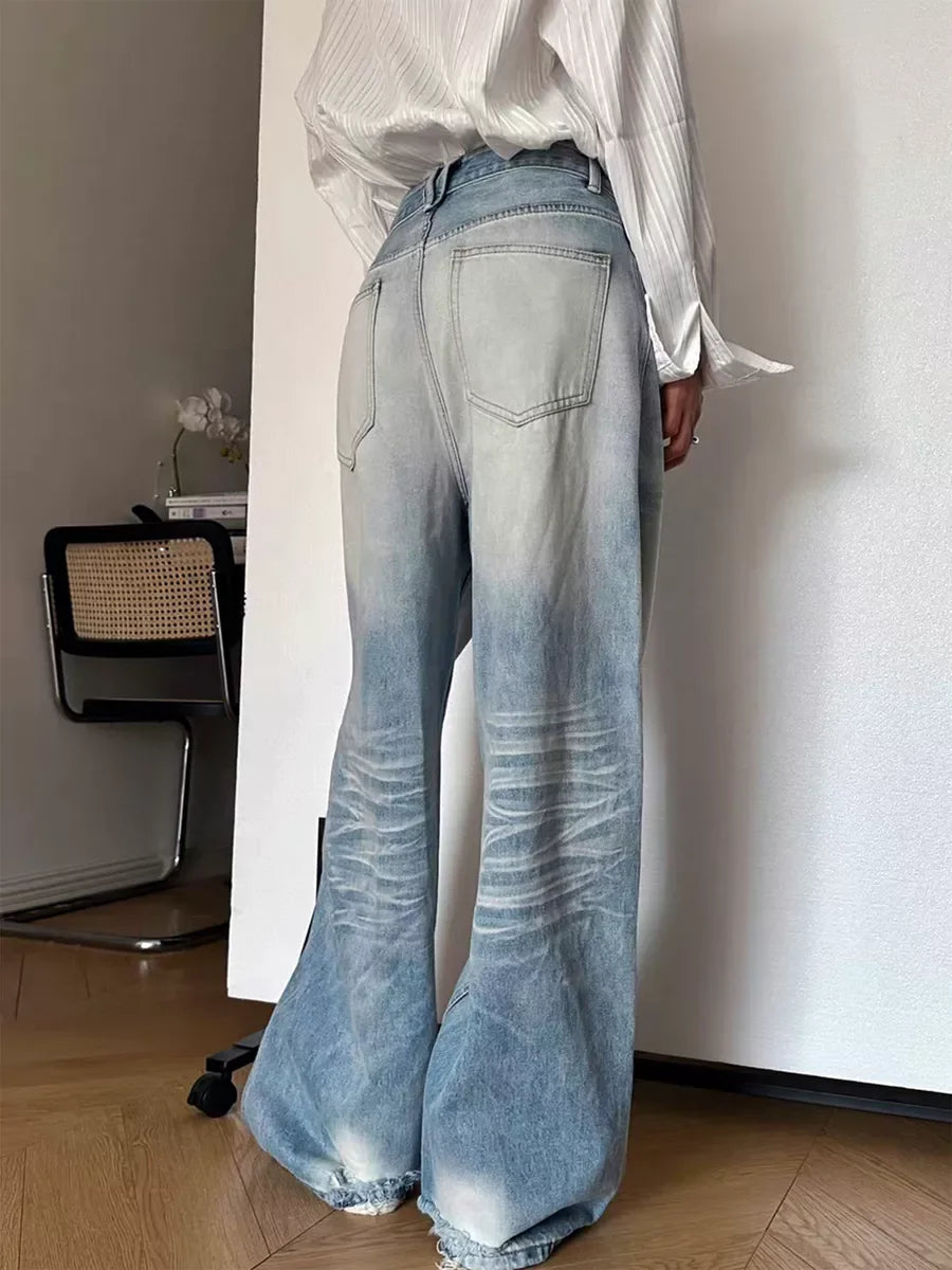 Distressed Light-Wash Wide-Leg Jeans