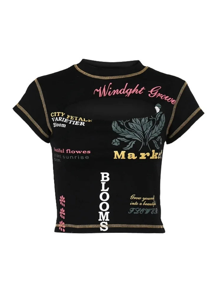 Edgy Text Print Keyhole Top