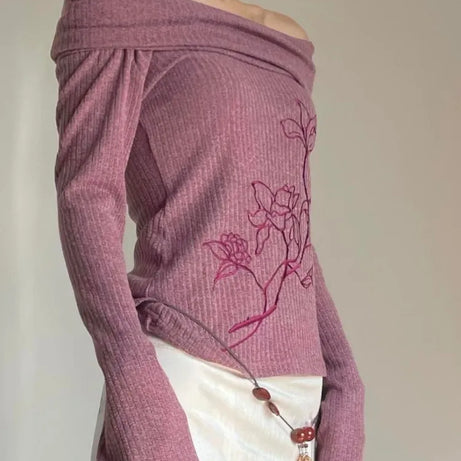 Embroidered Off-Shoulder Knit Top
