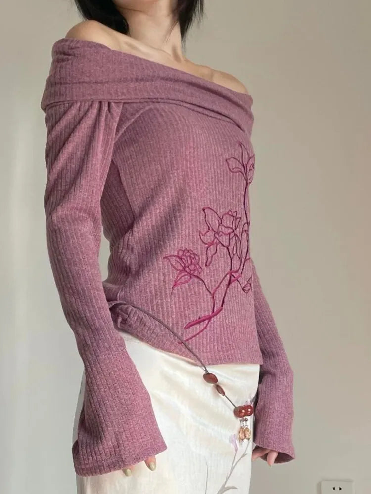 Embroidered Off-Shoulder Knit Top