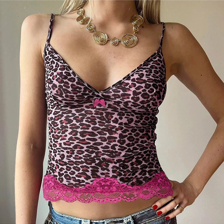 Pink Leopard Lace Trim Top