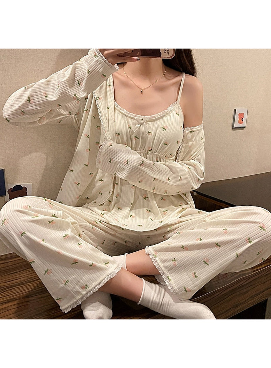 Y2k 3Pcs Ladies Cotton Pajama