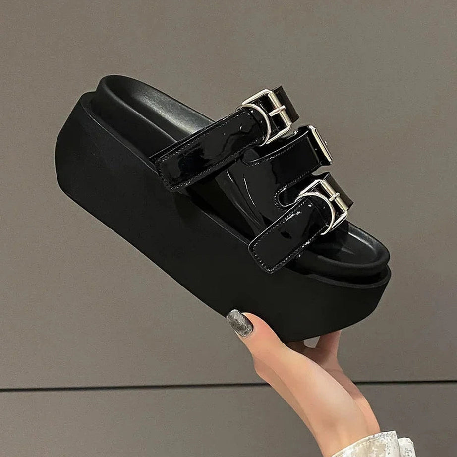 Glossy Buckle Platform Sandals