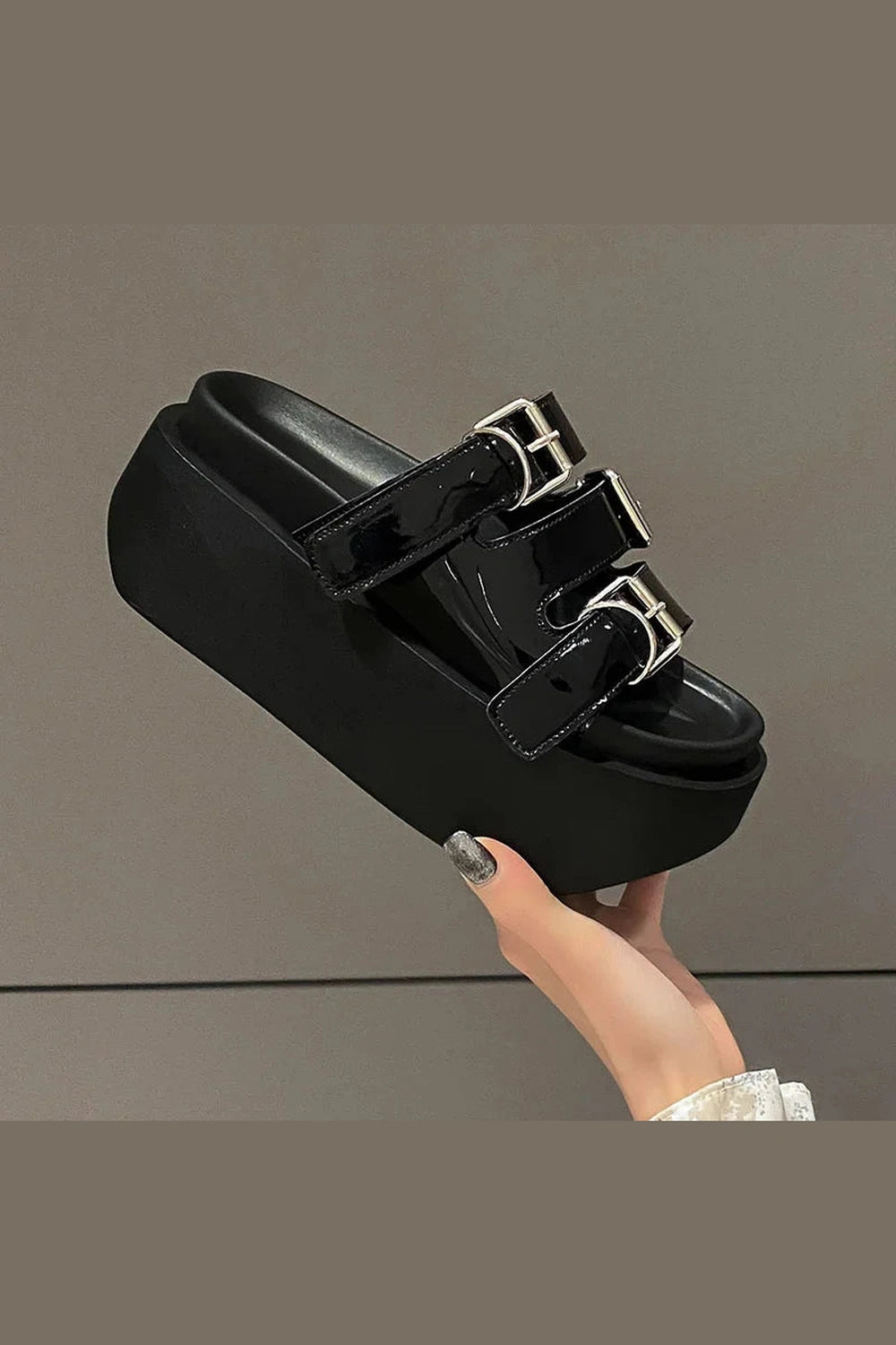 Glossy Buckle Platform Sandals