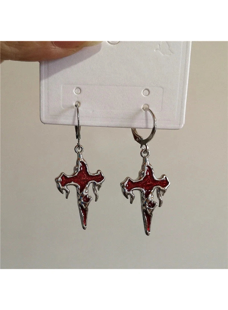 Crimson Gothic Cross Earrings