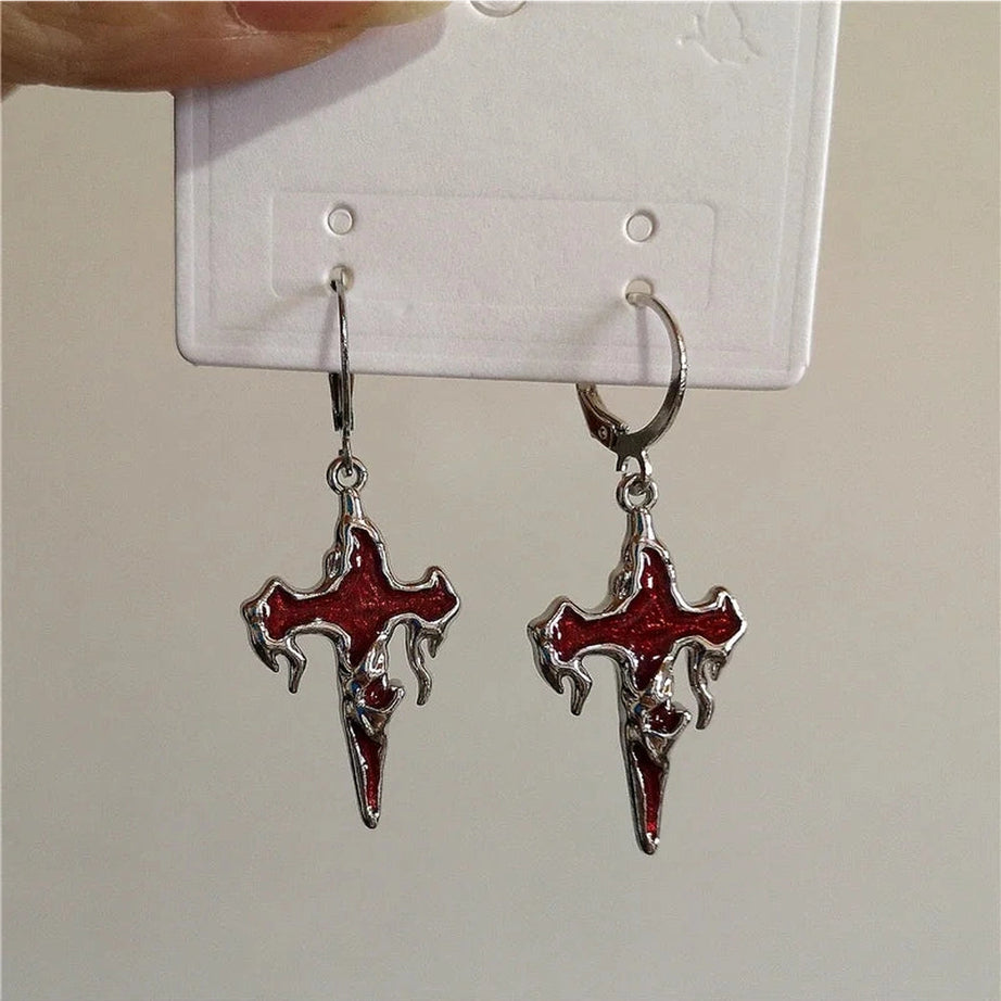 Crimson Gothic Cross Earrings
