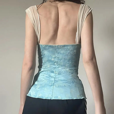 Y2K Pearl Bow Floral Corset Cami Top in Baby Blue