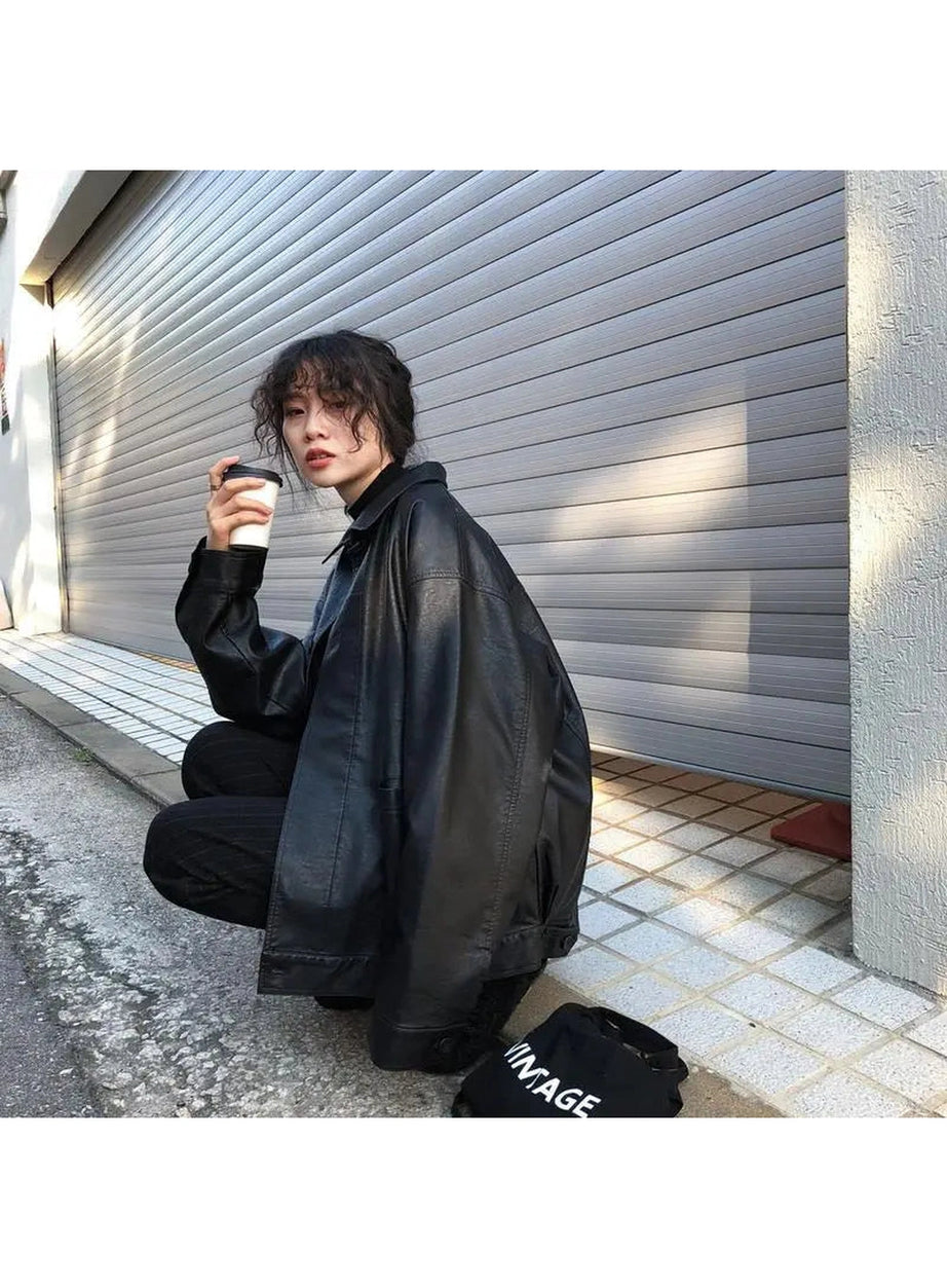 Oversized Black Leather Shirt Jacket