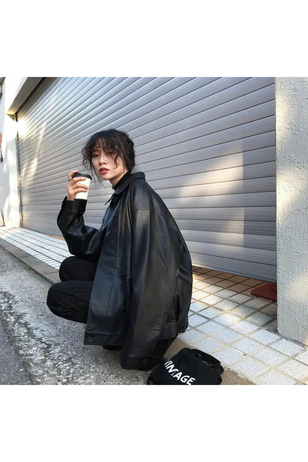 Oversized Black Leather Shirt Jacket