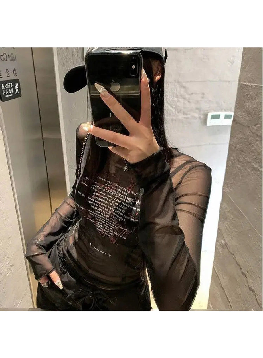 Sheer Black Text Graphic Mesh Top