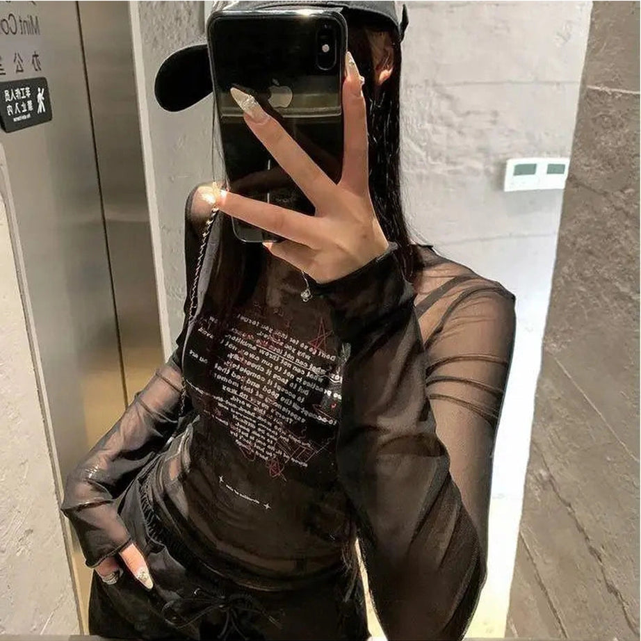 Sheer Black Text Graphic Mesh Top