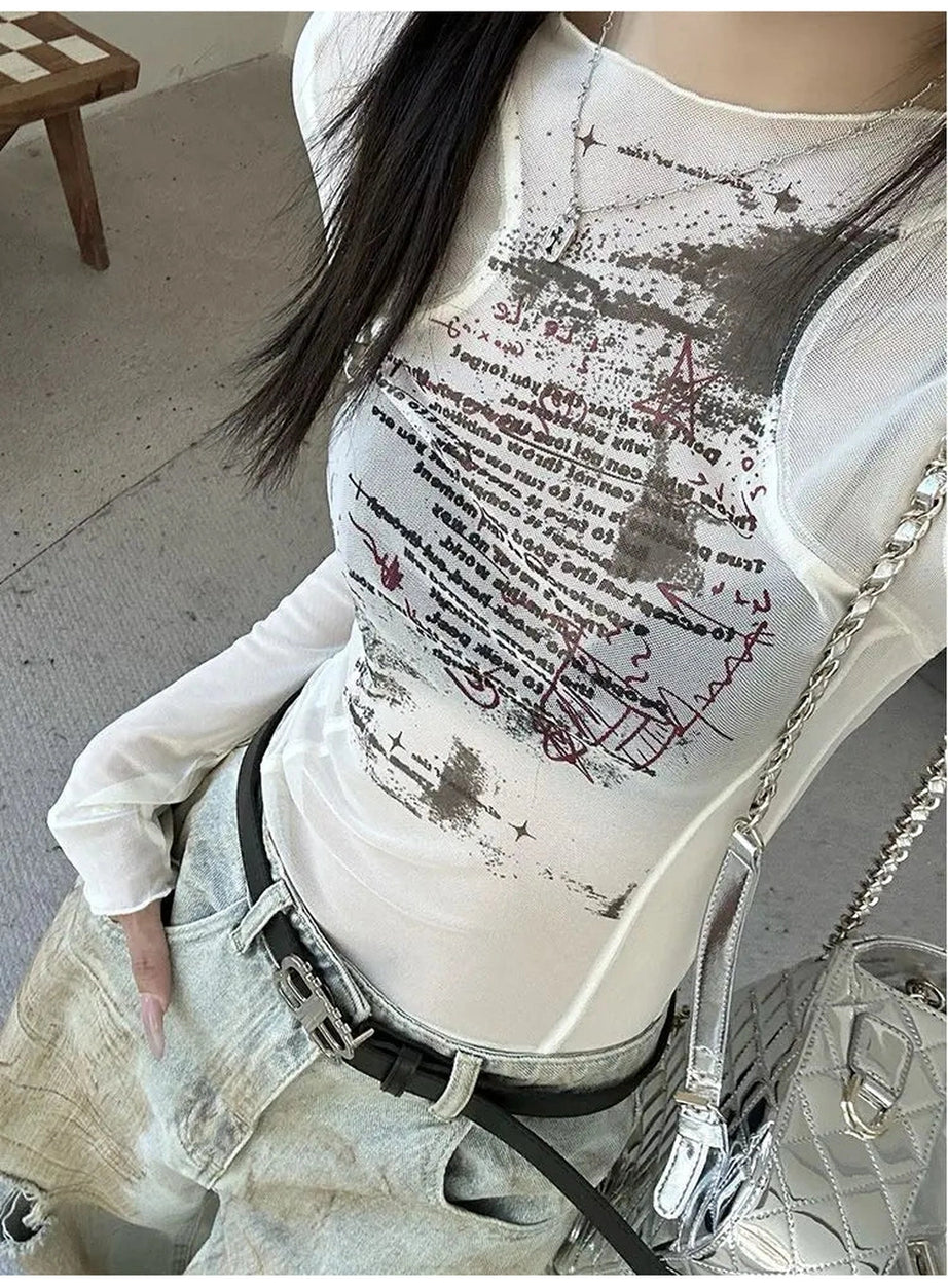 Sheer Black Text Graphic Mesh Top