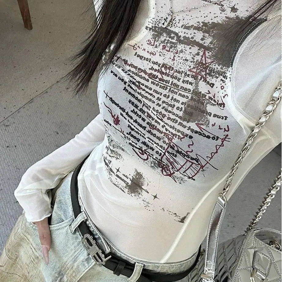 Sheer Black Text Graphic Mesh Top