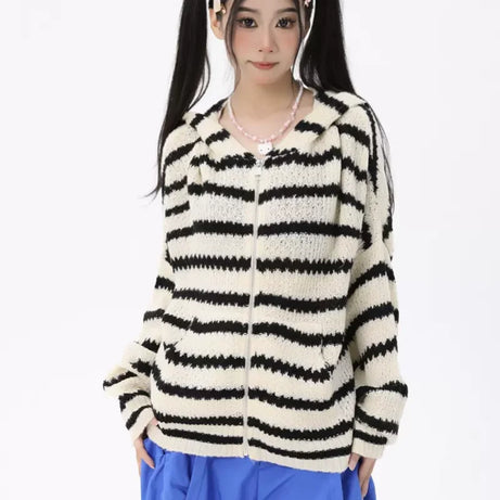 Striped Knit Bunny Ear Hoodie
