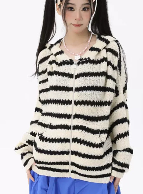 Striped Knit Bunny Ear Hoodie