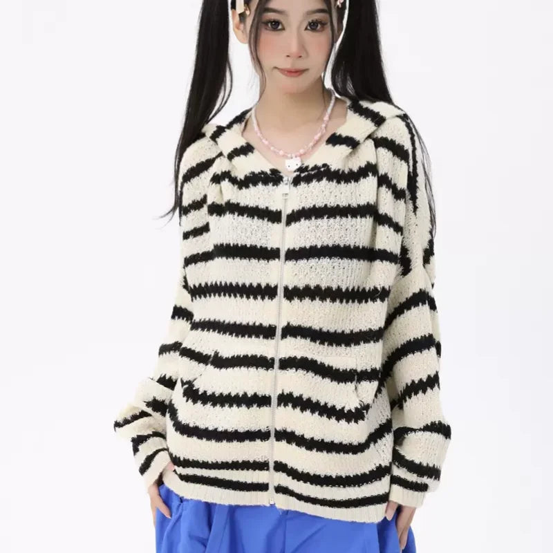 Striped Knit Bunny Ear Hoodie