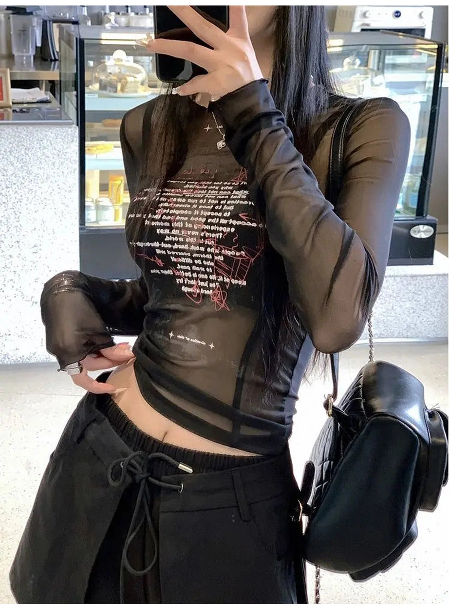Sheer Black Text Graphic Mesh Top