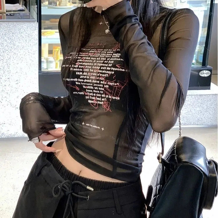 Sheer Black Text Graphic Mesh Top