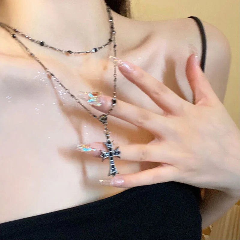 Crystal Rose Gothic Cross Necklace