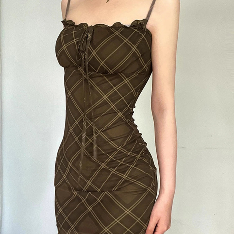 Ruched Plaid Bodycon Slip Dress