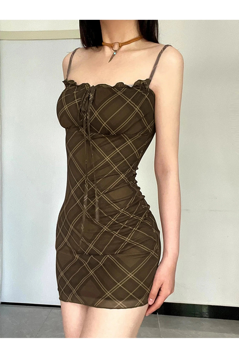 Ruched Plaid Bodycon Slip Dress