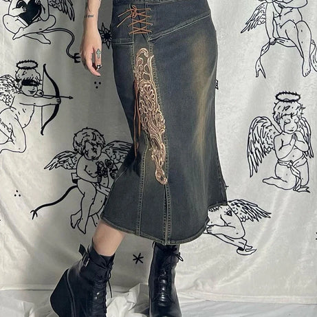 2000s Embroidery Split Denim Skirt