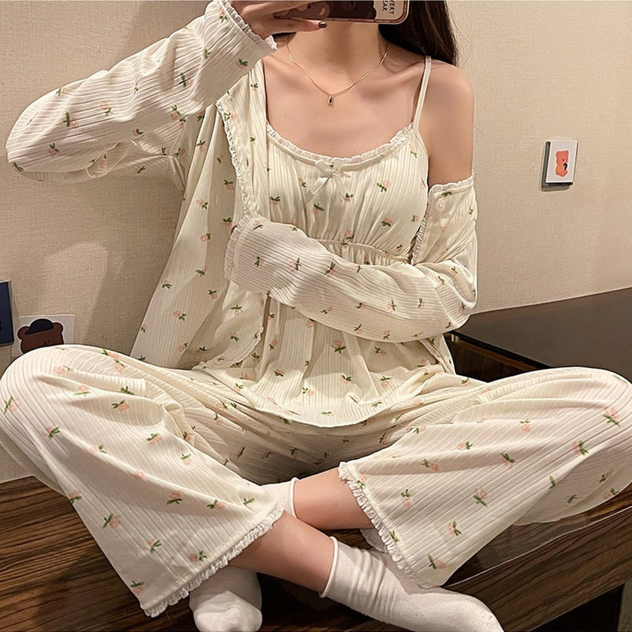 Y2k 3Pcs Ladies Cotton Pajama