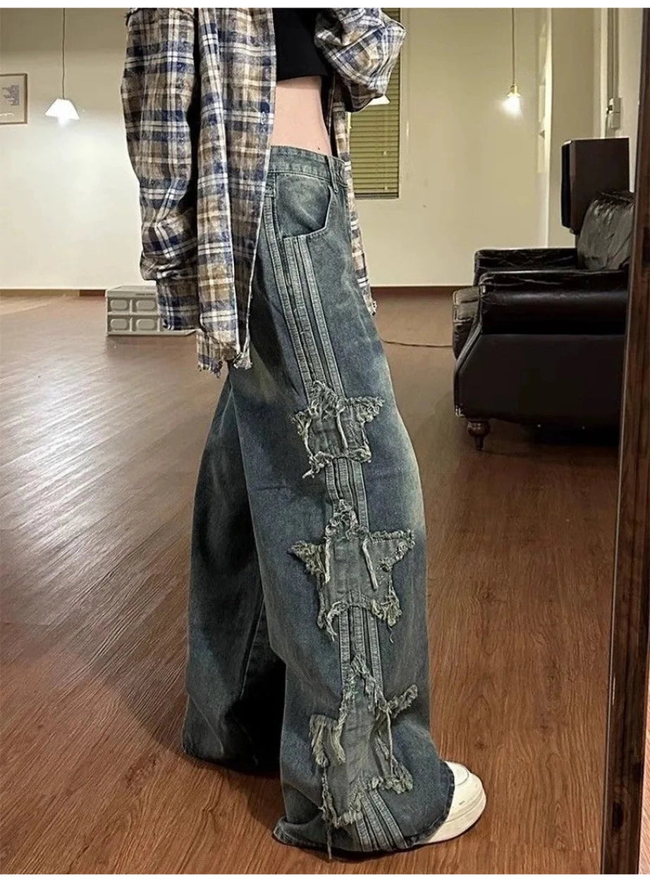 Y2k Shredded Grunge Wide-Leg Jeans