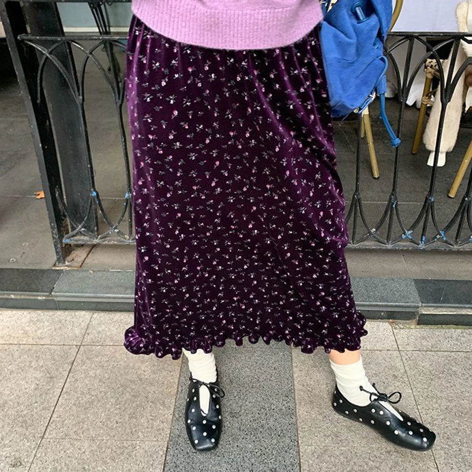 Goth Y2k Midnight Velvet Floral Ruffle Midi Skirt