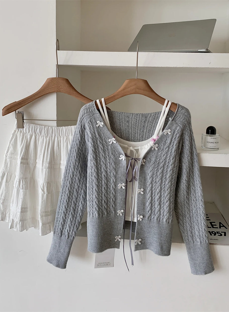 Soft Lace Bow-Knit Outfit Set