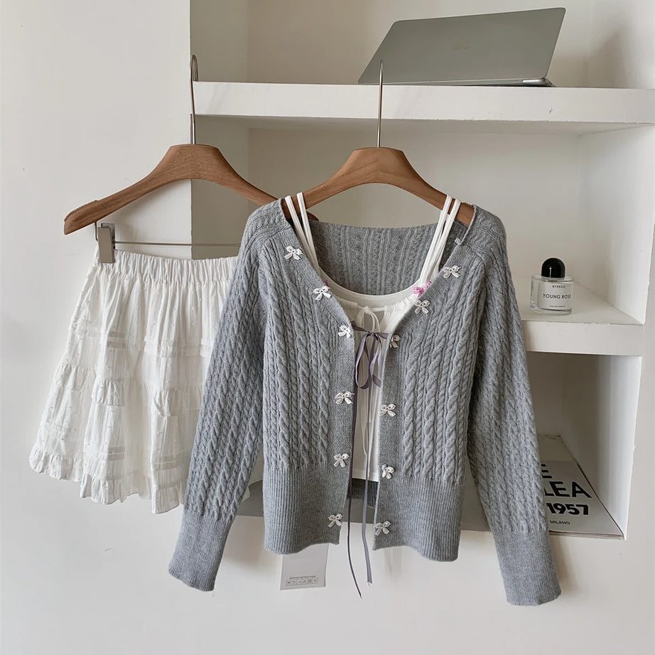 Soft Lace Bow-Knit Outfit Set