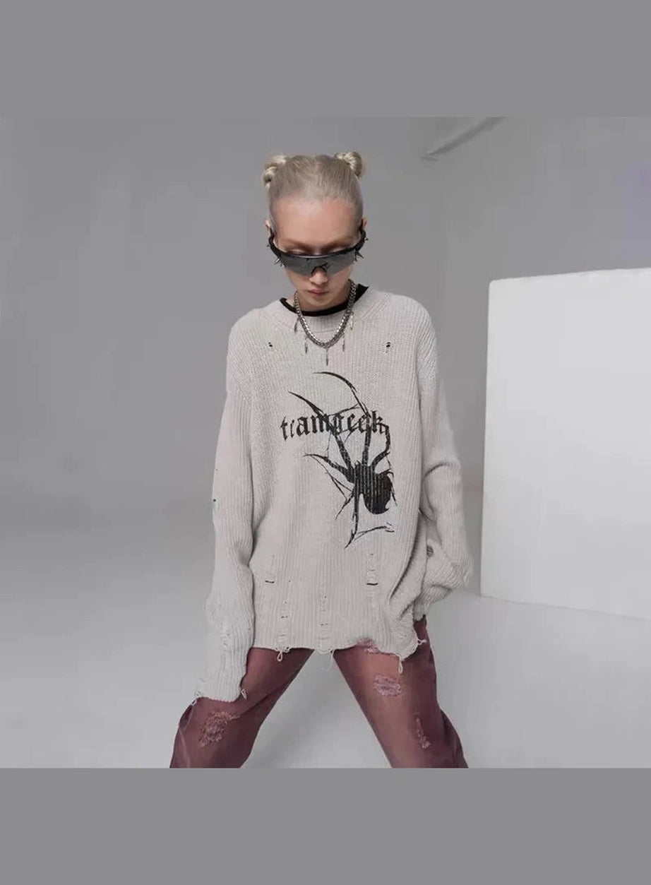 Distressed Spider Graphic Sweater