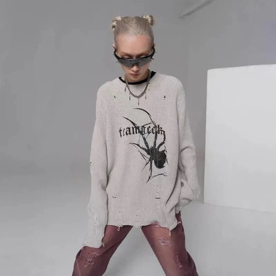 Distressed Spider Graphic Sweater