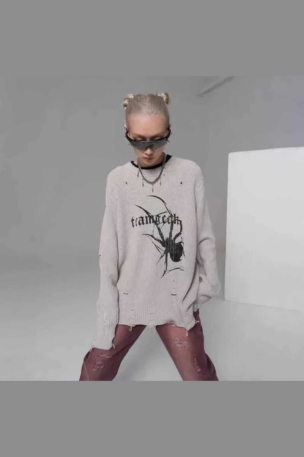 Distressed Spider Graphic Sweater