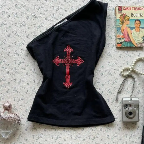 Goth Y2k Crimson Cross One-Shoulder Crop Top