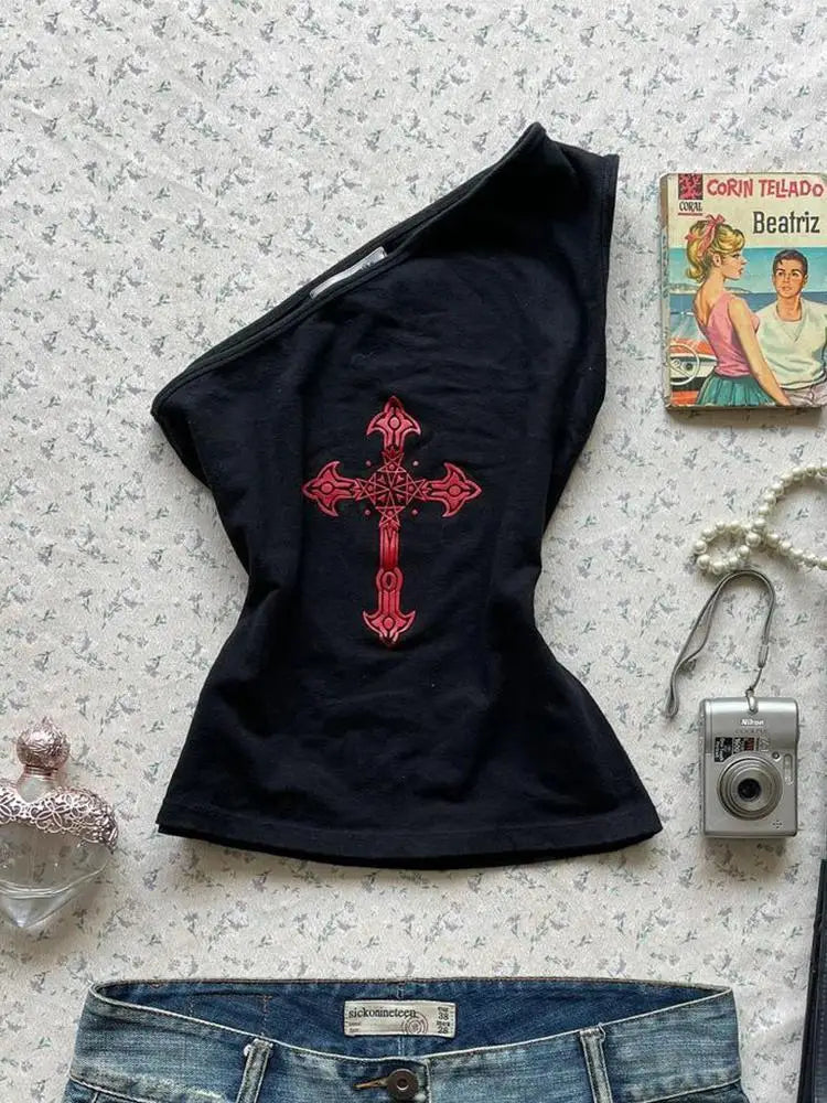 Goth Y2k Crimson Cross One-Shoulder Crop Top