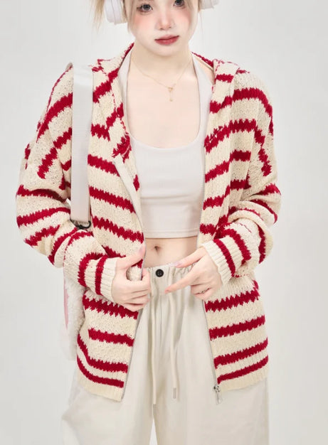 Striped Knit Bunny Ear Hoodie