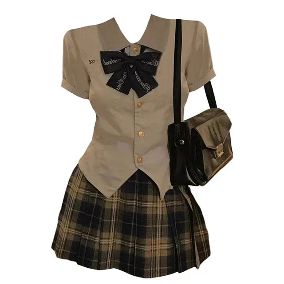 Y2k Japanese Preppy Style High Quality Outfits 2 Piece Set Turn-Down Collar Bow Crop Top + Hight Waist Formal Plaid A-Line Skirt