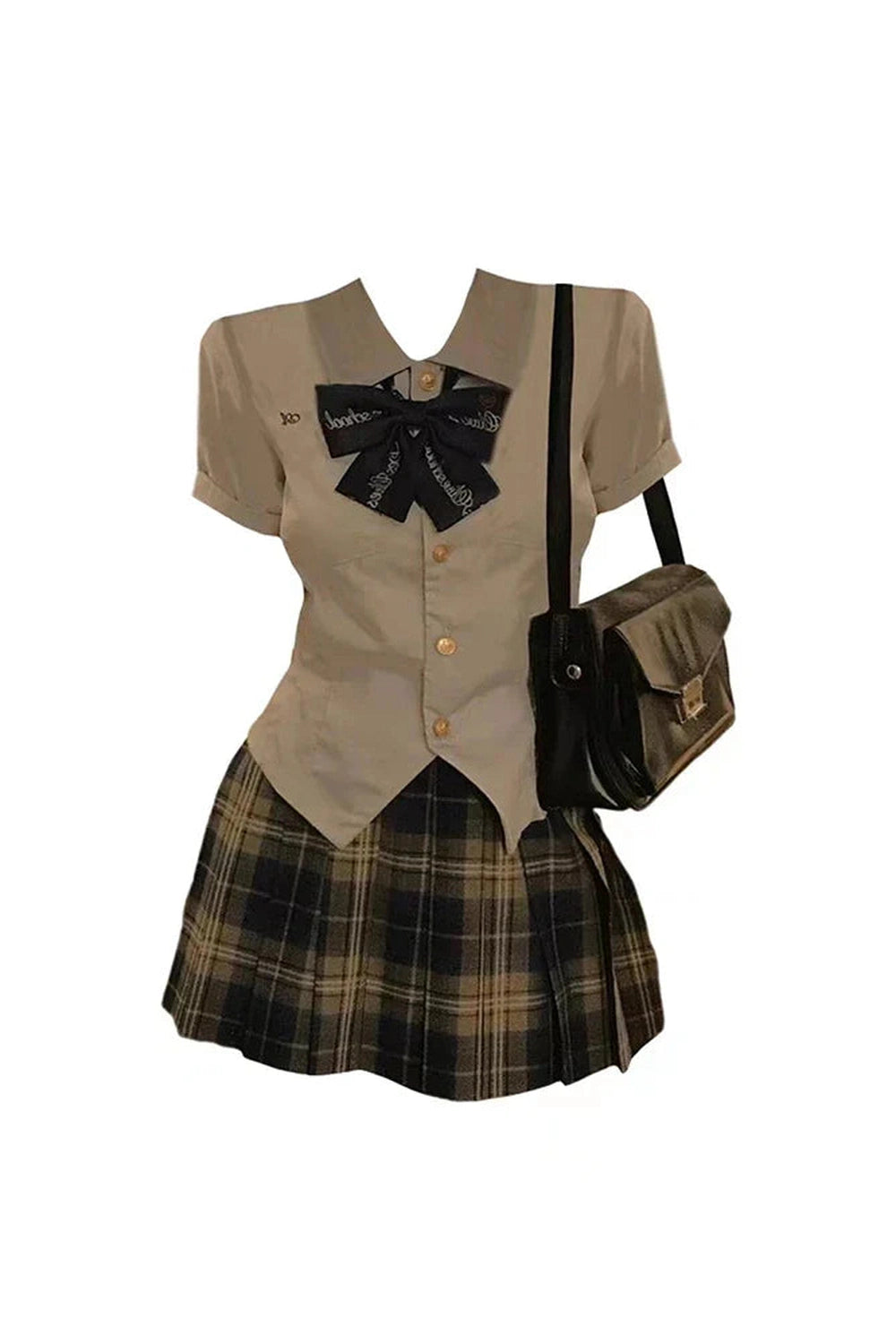 Y2k Japanese Preppy Style High Quality Outfits 2 Piece Set Turn-Down Collar Bow Crop Top + Hight Waist Formal Plaid A-Line Skirt