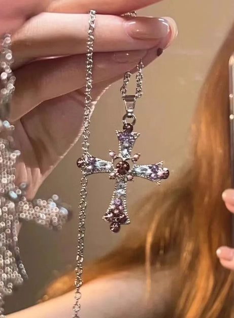 Crystal Rose Gothic Cross Necklace