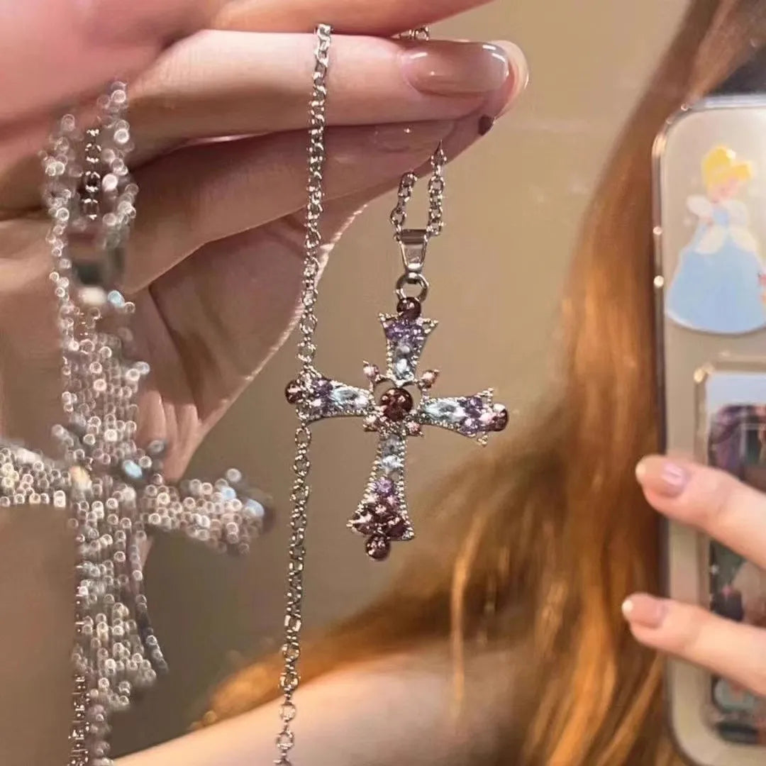 Crystal Rose Gothic Cross Necklace