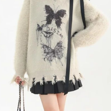 Fuzzy Butterfly Distressed Sweater