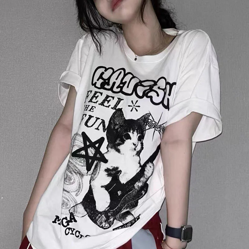 Punk Cat Graphic Oversized T-Shirt
