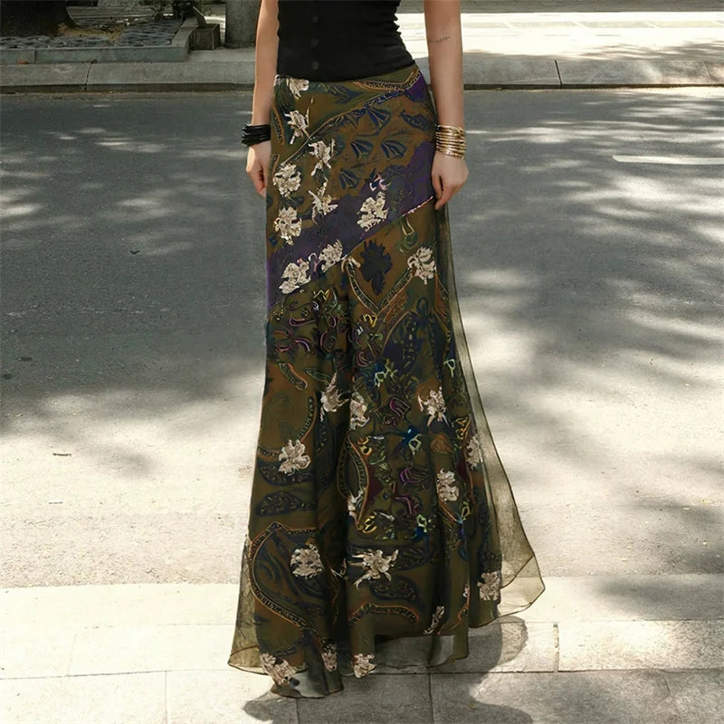 Goth Y2k Baroque Floral Patchwork Midi Skirt