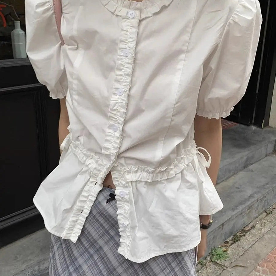 Y2k Ruffled Elegance Button-Up Blouse