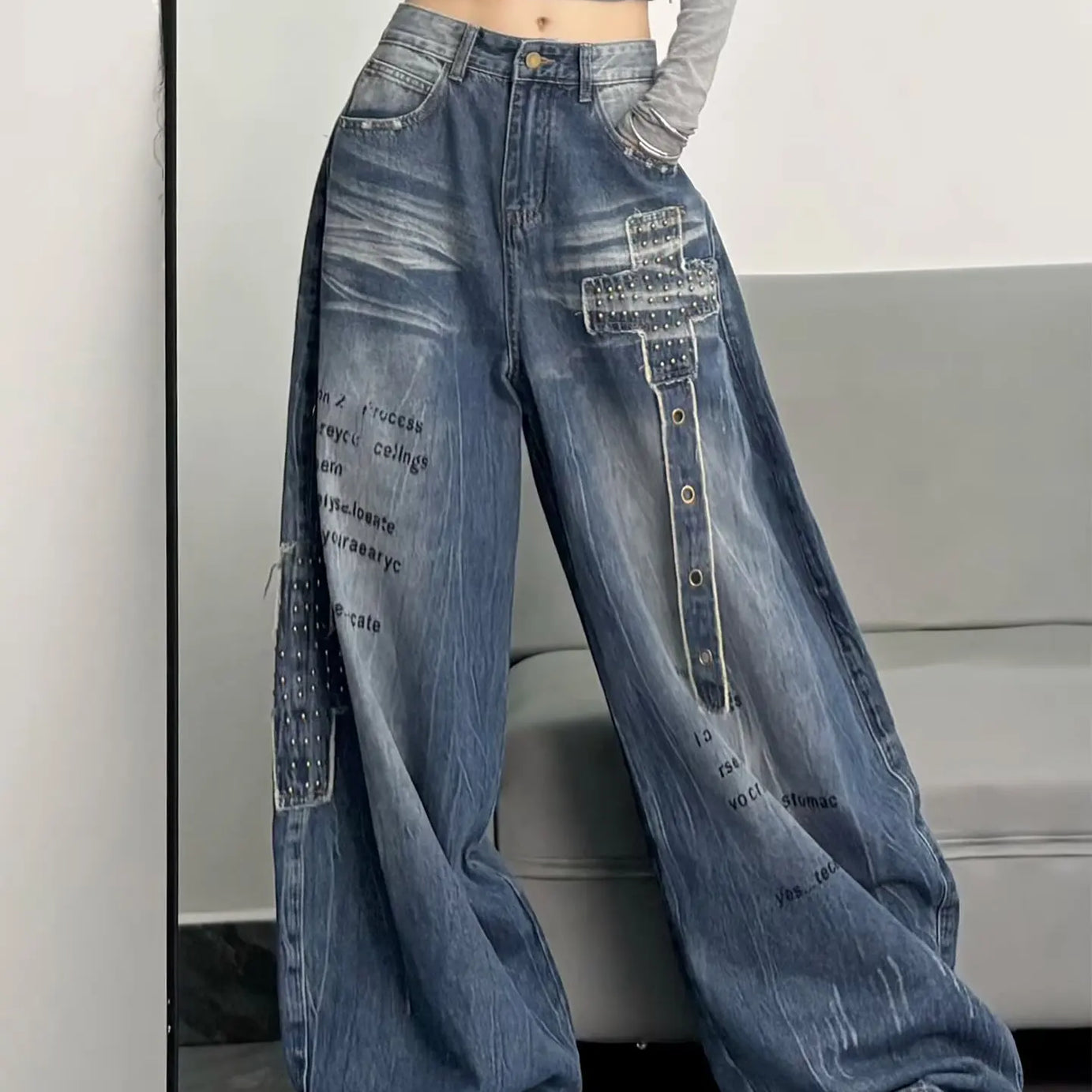 Retro Embroidered High Waist Wide Leg Jeans